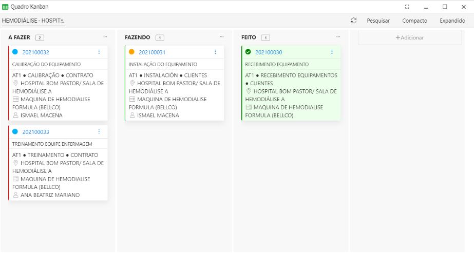 Exemplo de acompanhamento projeto de incorporação de novo equipamento utilizando o Quadro Kanban do Sistema Neovero
