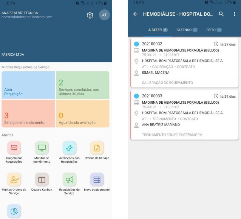 Quadro Kanban na versão mobile do Neovero