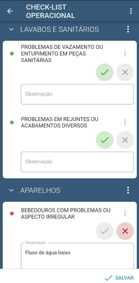 Preenchimento de checklist operacional no aplicativo Neovero