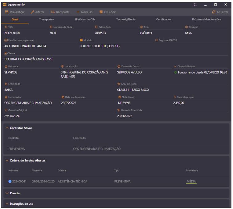 Figura 1. Ficha vida de equipamento no sistema Neovero.