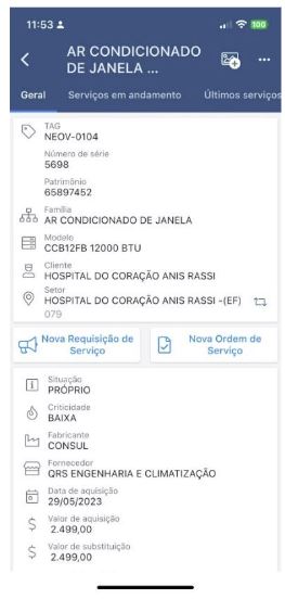 Figura 2. Ficha vida de equipamento no aplicativo Neovero Requests.