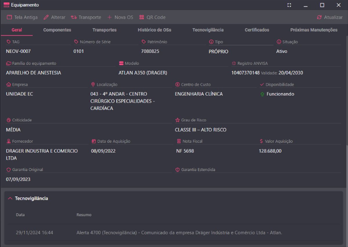 Figura 1: Ficha-vida de um equipamento em inventário com alerta de Tecnovigilância. Fonte: Sistema Neovero