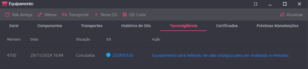 Figura 2: Aba “Tecnovigilância” na ficha-vida de um equipamento. Fonte: Sistema Neovero