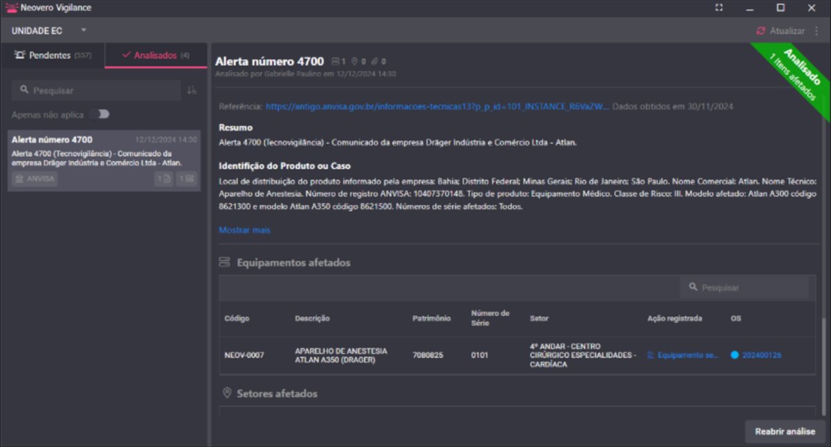 Figura 5: Alerta analisado com registro de ação no Neovero Vigilance. Fonte: Sistema Neovero
